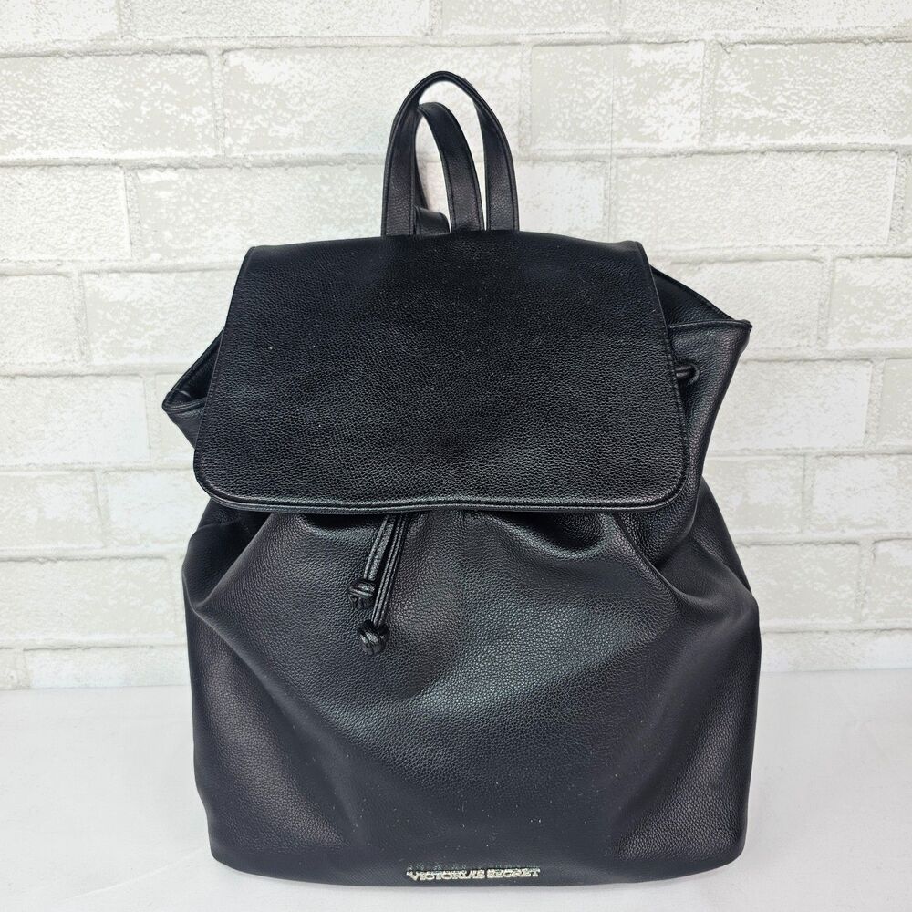 Victoria's Secret Backpack Black Faux Leather Drawstring Flap Purse 2016 Large